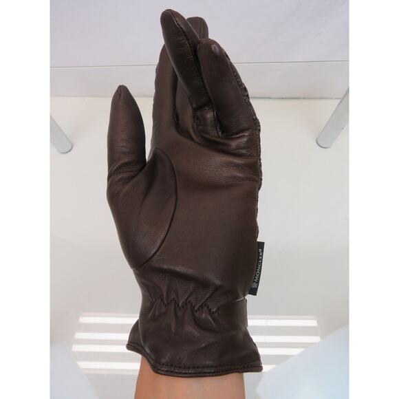 NEW $745 MONCLER QUILTED LEATHER WOOL LINING BROWN WINTER WOMEN GLOVES M ITALY - Picture 2 of 12